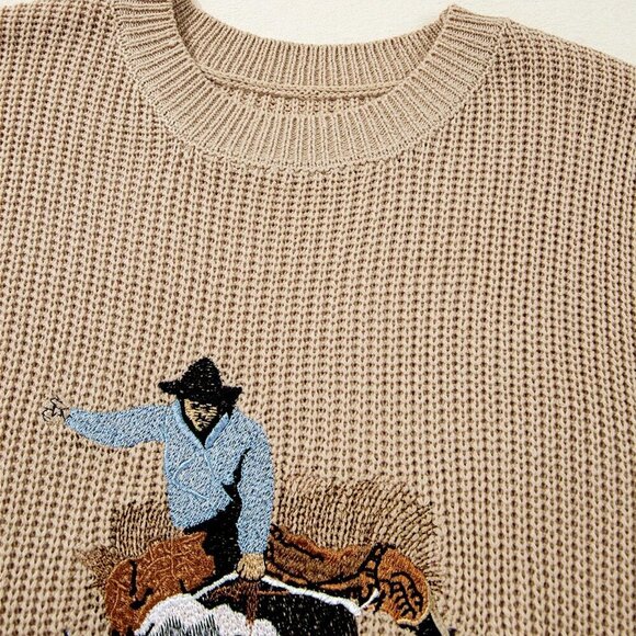 Khaki Casual Women's Western Cowboy Embroidery Round Neck Sleevless Sweater vest - Picture 5 of 8